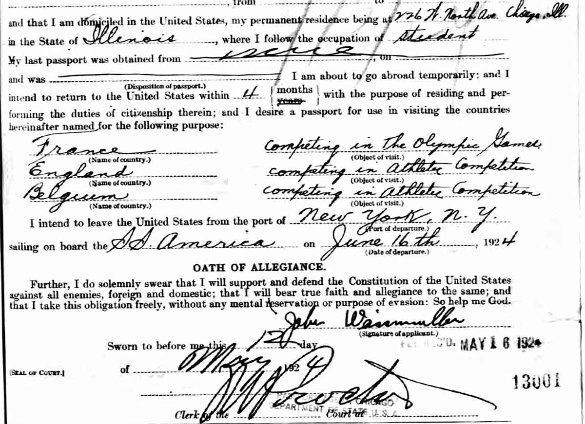 John Weissmuller, U.S., Passport Applications, 1795-1925